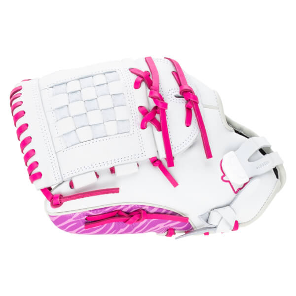Top-down view of a white baseball glove with bright pink lacing and a zebra-striped palm.