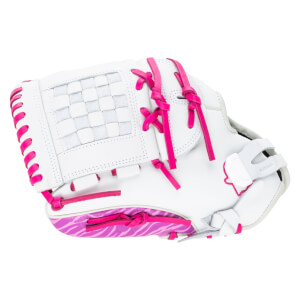 Top-down view of a white baseball glove with bright pink lacing and a zebra-striped palm.