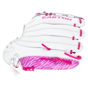 Side view of a white Easton baseball glove with pink lacing and a pink zebra print palm.