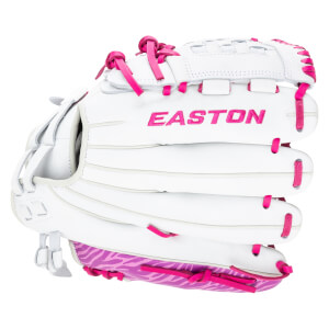 Front view of a white Easton baseball glove with pink lacing and a pink zebra print palm.