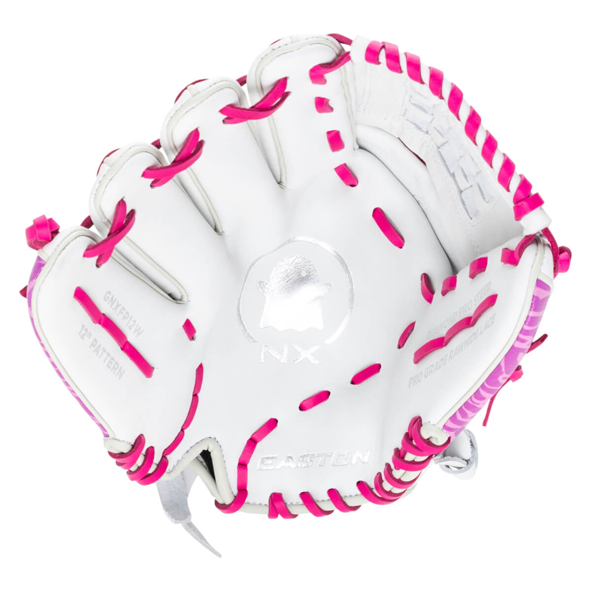 Top-down view of a white Easton glove with bright pink lacing and a silver NX logo.