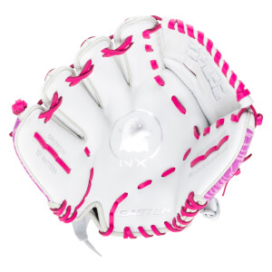 Top-down view of a white Easton glove with bright pink lacing and a silver NX logo.