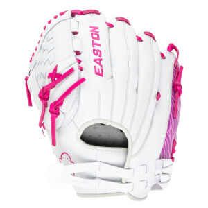 Front view of a white Easton softball glove with pink lacing and a pink striped pattern on the side.