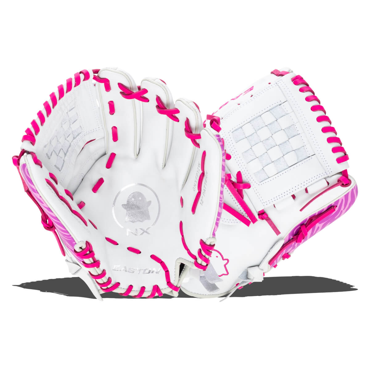 Front view of a white Easton glove with bright pink lacing and a silver ghost logo.