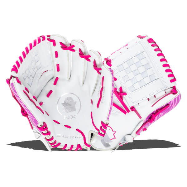 Front view of a white Easton glove with bright pink lacing and a silver ghost logo.