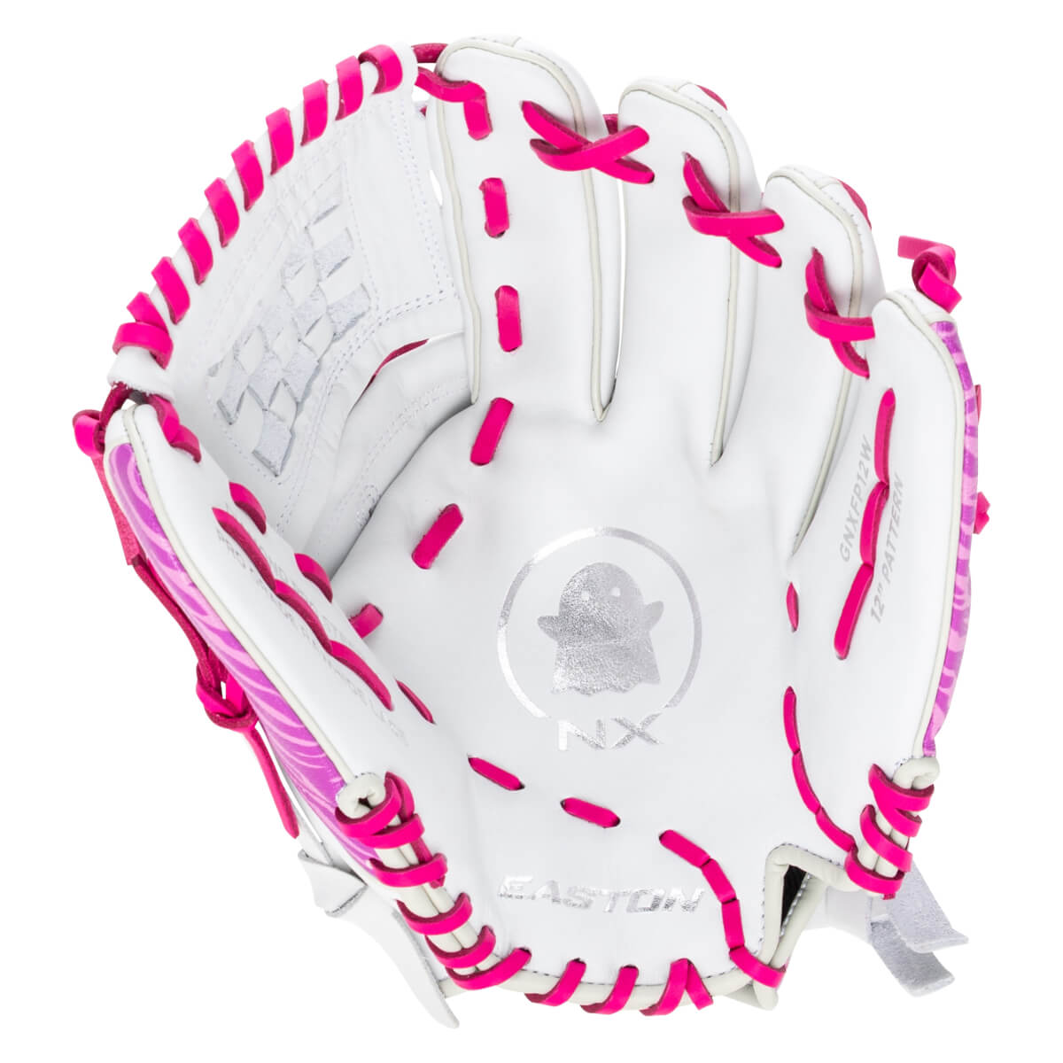 Top-down view of a white Easton baseball glove with bright pink lacing and a silver ghost logo.