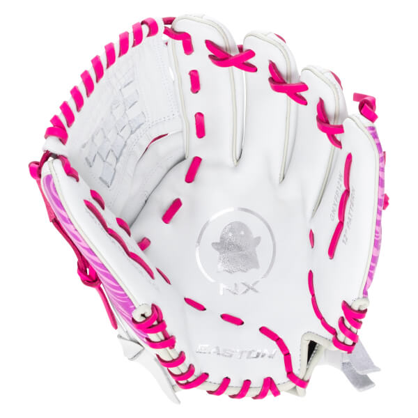 Top-down view of a white Easton baseball glove with bright pink lacing and a silver ghost logo.