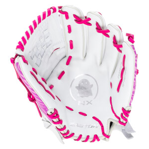Top-down view of a white Easton baseball glove with bright pink lacing and a silver ghost logo.