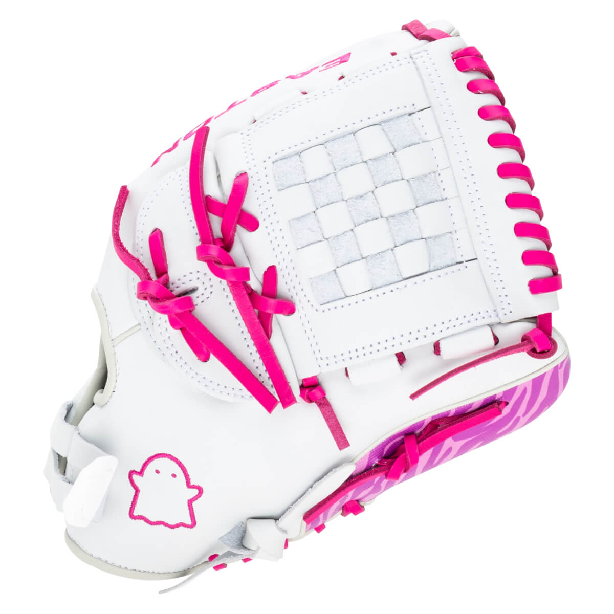 Side view of a white baseball glove with pink laces, a woven pocket, and a pink ghost logo.