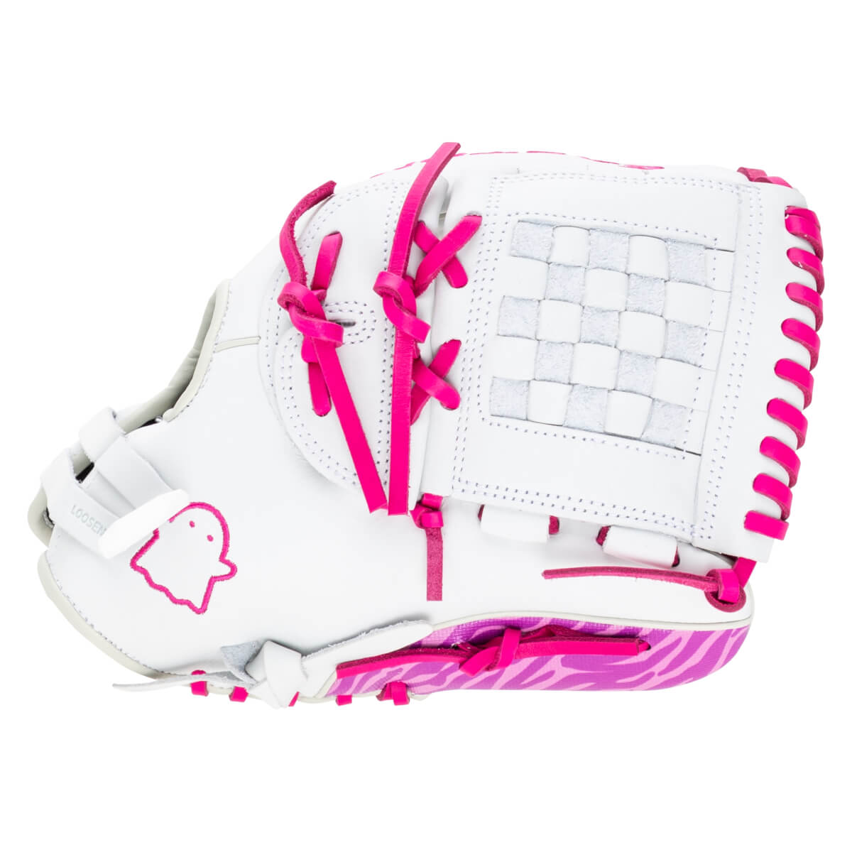 Side view of a white baseball glove with pink laces, a woven palm, and a pink ghost logo.