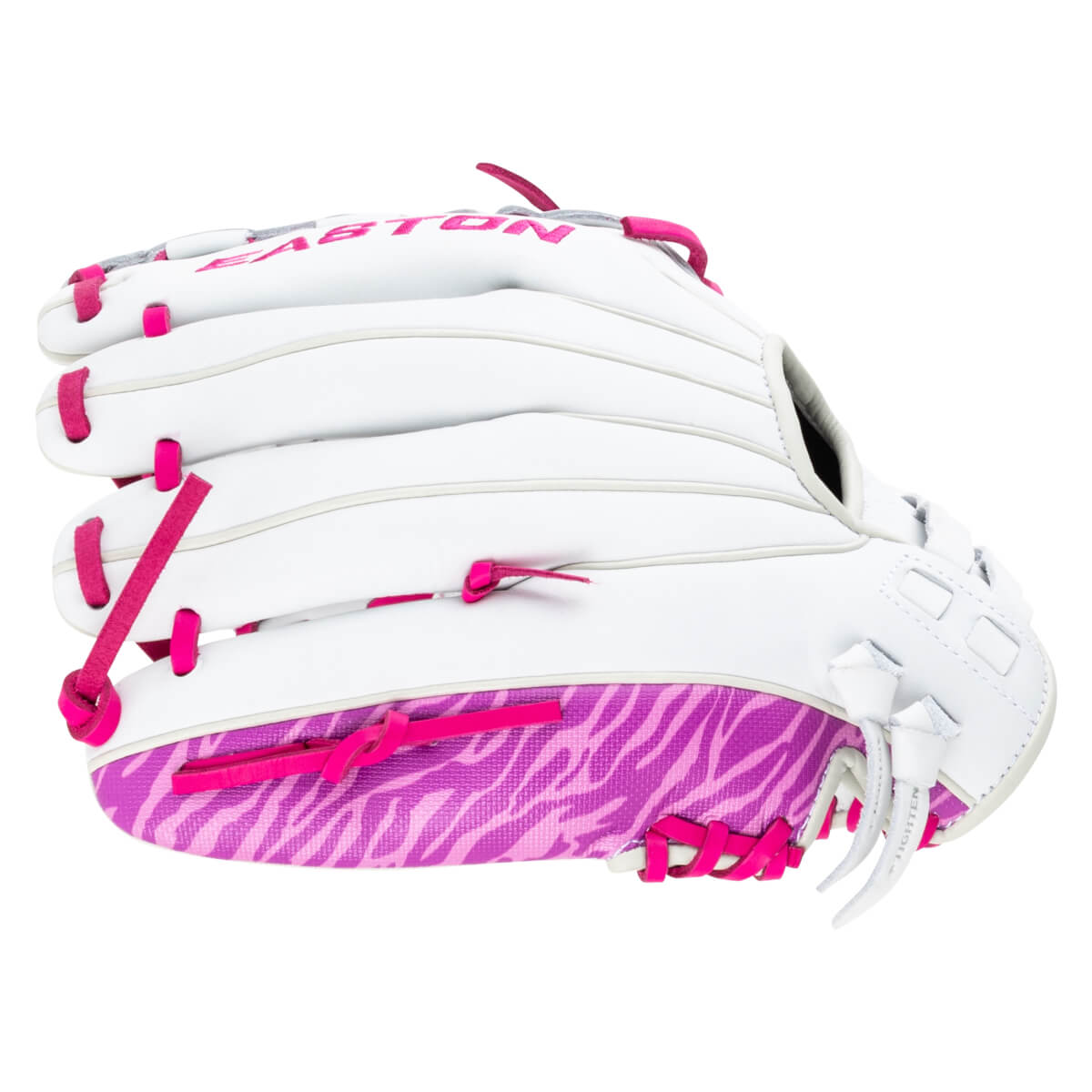 Side view of a white Easton baseball glove with pink lacing and a pink zebra pattern on the palm.