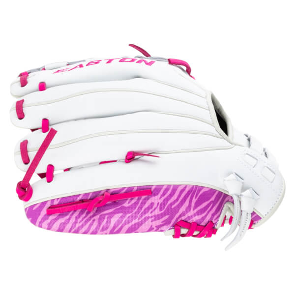 Side view of a white Easton baseball glove with pink lacing and a pink zebra pattern on the palm.