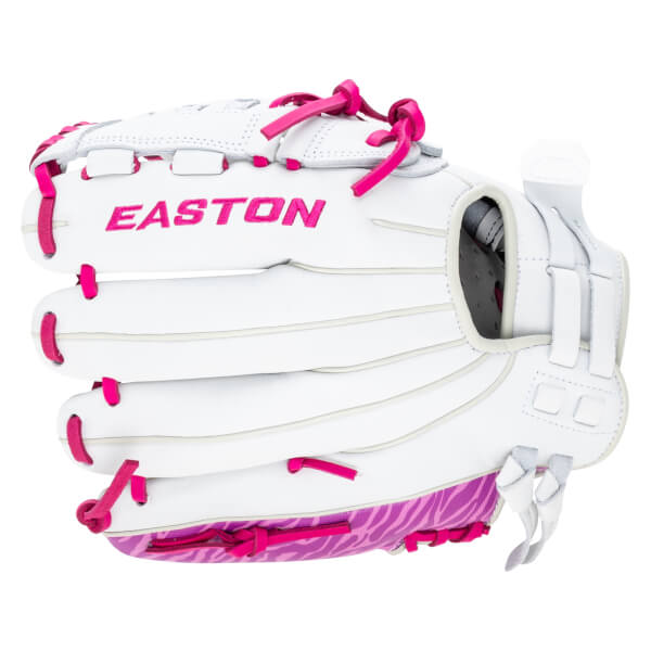 Front view of a white Easton baseball glove with bright pink lacing and zebra print accents.