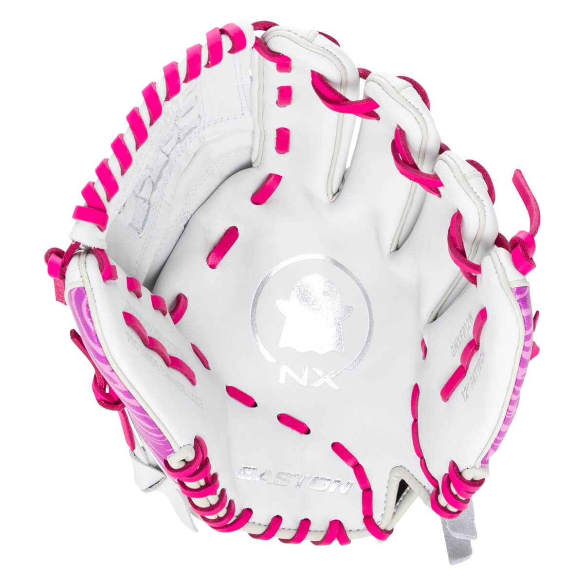 Top-down view of a white baseball glove with bright pink lacing and a pink zebra pattern accent.