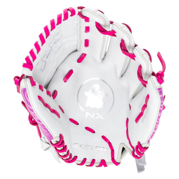 Top-down view of a white baseball glove with bright pink lacing and a pink zebra pattern accent.