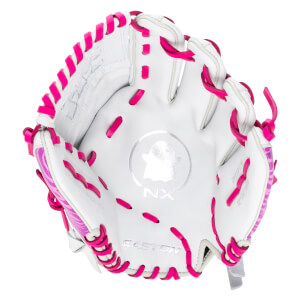 Top-down view of a white baseball glove with bright pink lacing and a pink zebra pattern accent.