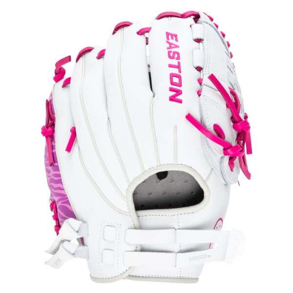 Front view of a white Easton baseball glove with bright pink lacing and "EASTON" text.