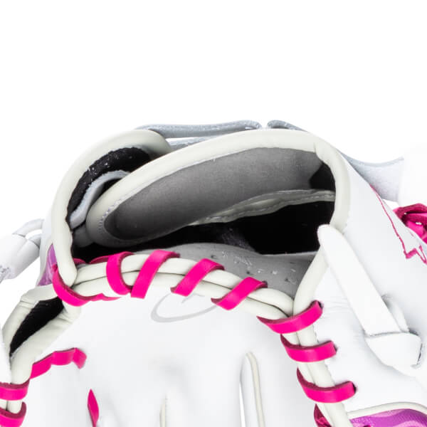 Close-up of a white baseball glove with bright pink lacing and a subtle purple pattern.
