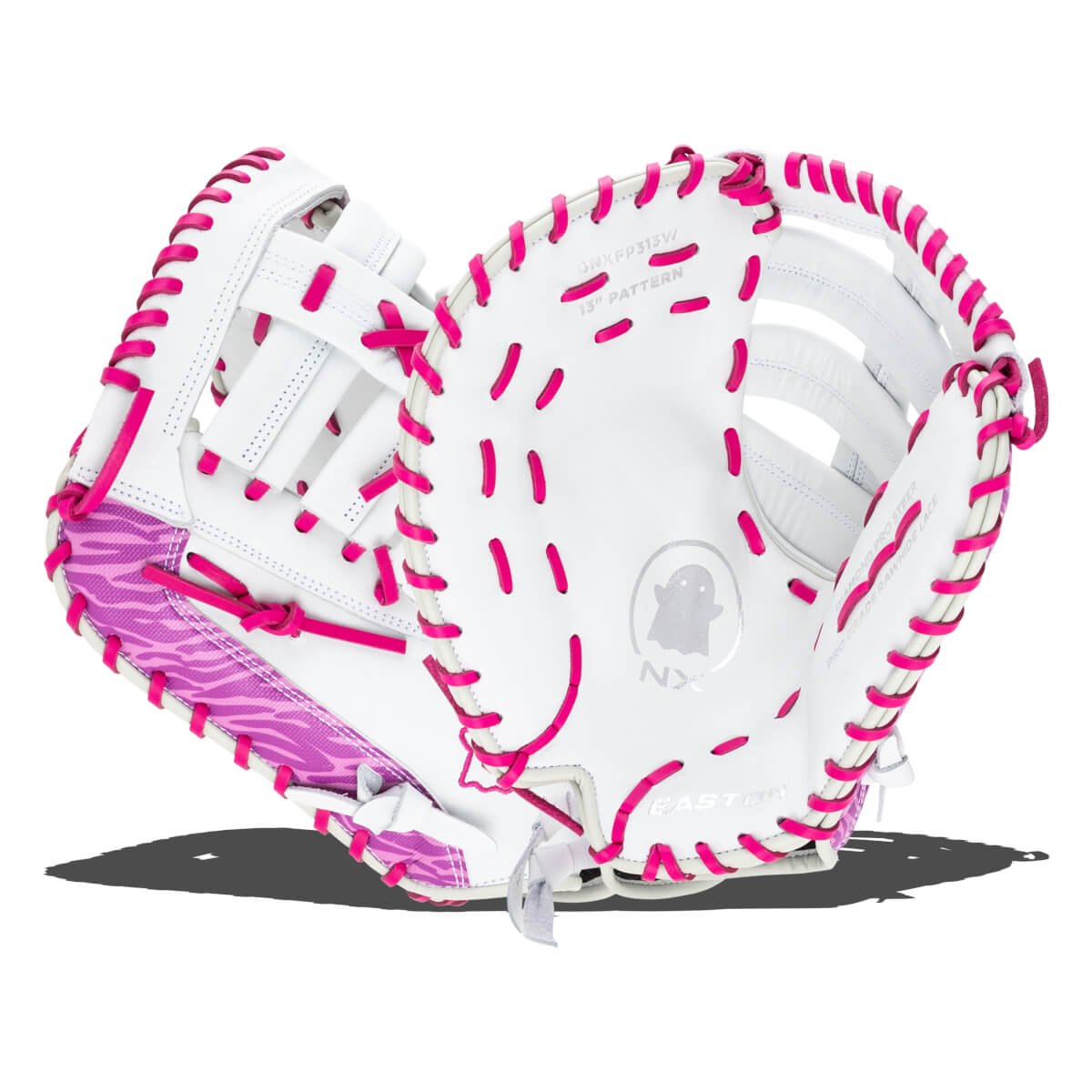 Front view of a white softball glove with bright pink lacing, a zebra-striped accent, and "EASTON" text.