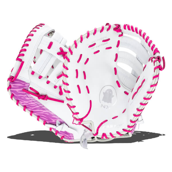 Front view of a white softball glove with bright pink lacing, a zebra-striped accent, and "EASTON" text.
