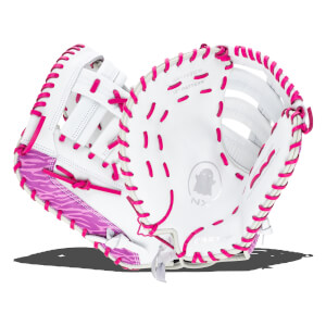 Front view of a white softball glove with bright pink lacing, a zebra-striped accent, and "EASTON" text.