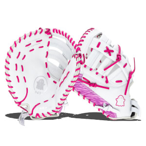 Side view of white Easton NX softball gloves with bright pink lacing and a purple zebra pattern accent.