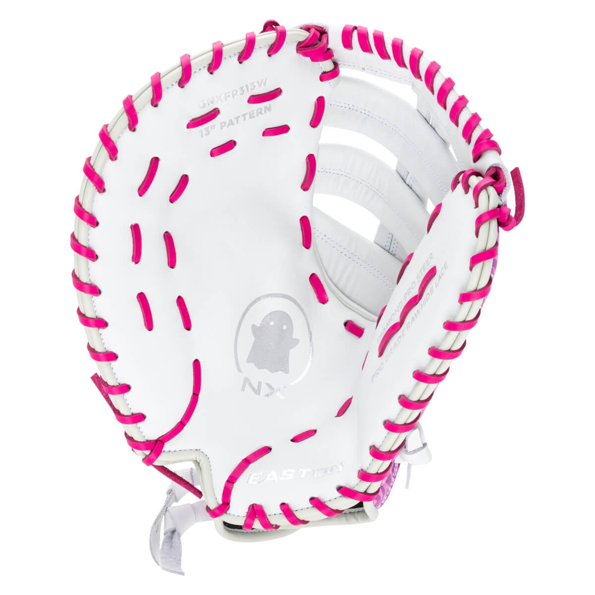 Top-down view of a white softball glove with bright pink lacing and the "EASTON" logo.