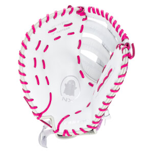 Top-down view of a white softball glove with bright pink lacing and the "EASTON" logo.
