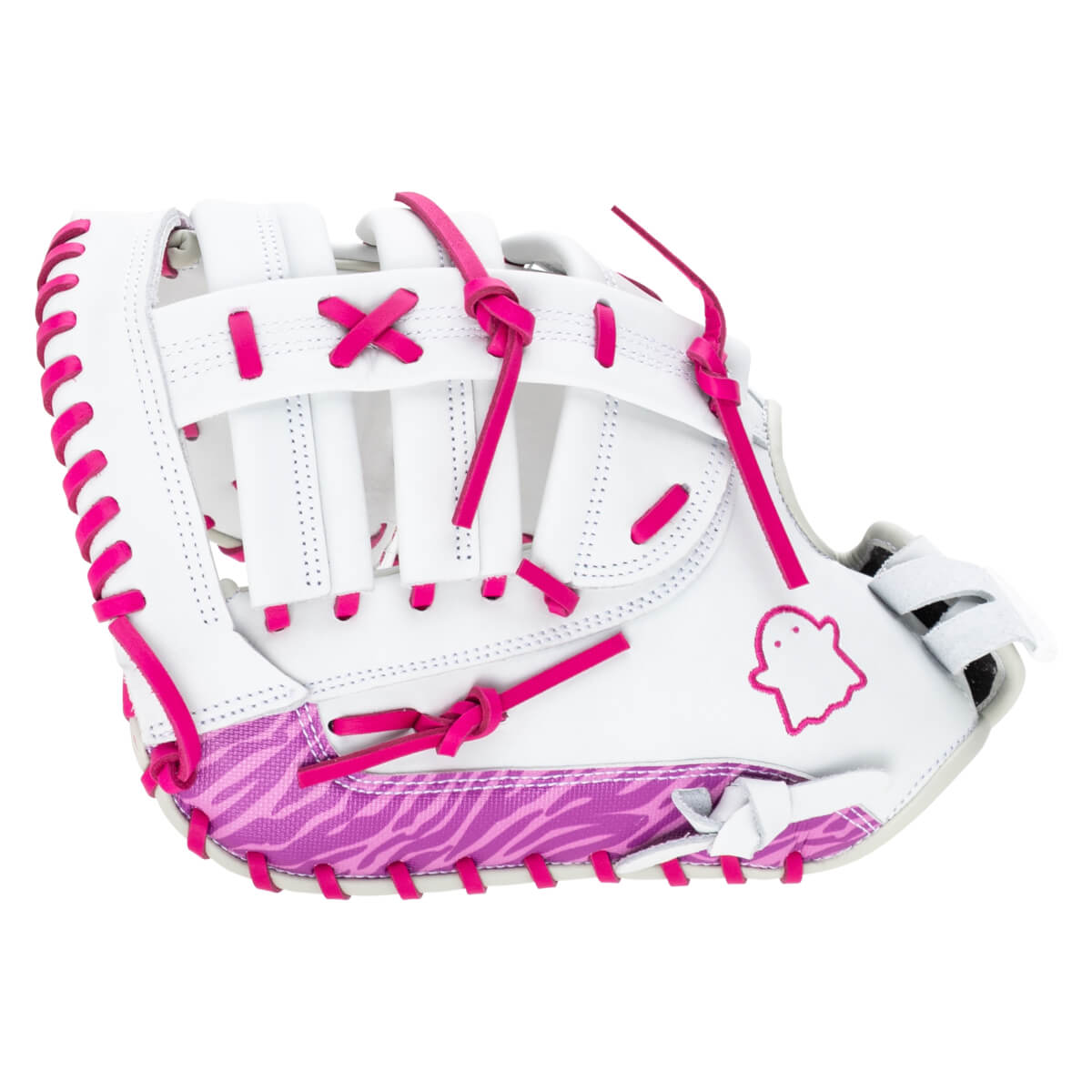 Side view of a white baseball glove with pink lacing, a pink ghost logo, and a pink zebra pattern accent.