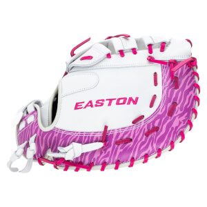 Side view of a white Easton baseball glove with pink zebra print accents and bright pink lacing.