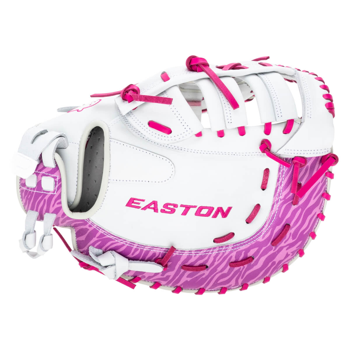 Front view of a white Easton softball glove with pink zebra print accents and bright pink lacing.