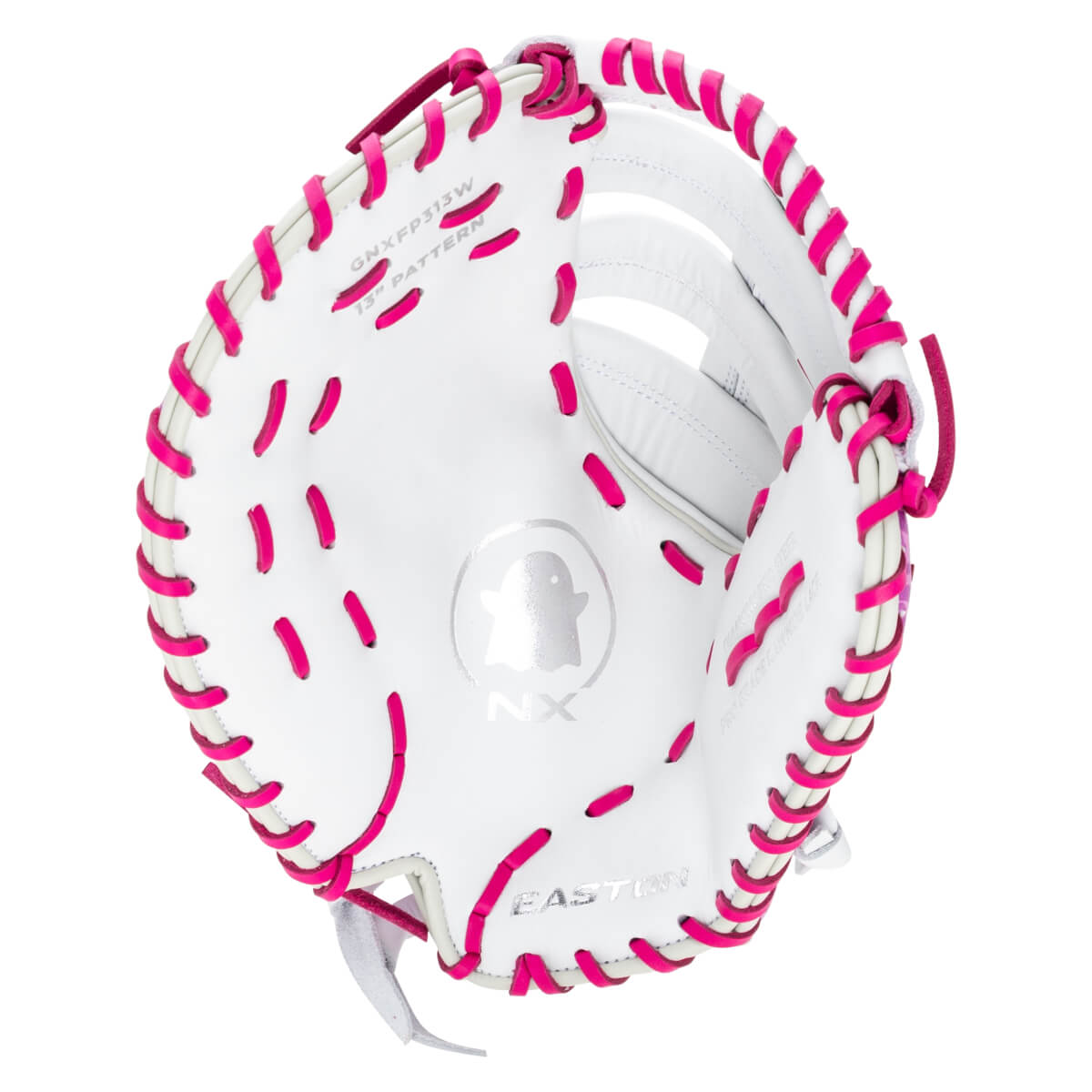 Top-down view of a white baseball glove with bright pink lacing and the "EASTON" logo.