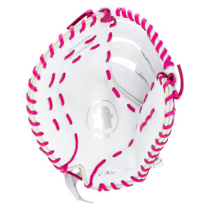 Top-down view of a white baseball glove with bright pink lacing and the "EASTON" logo.