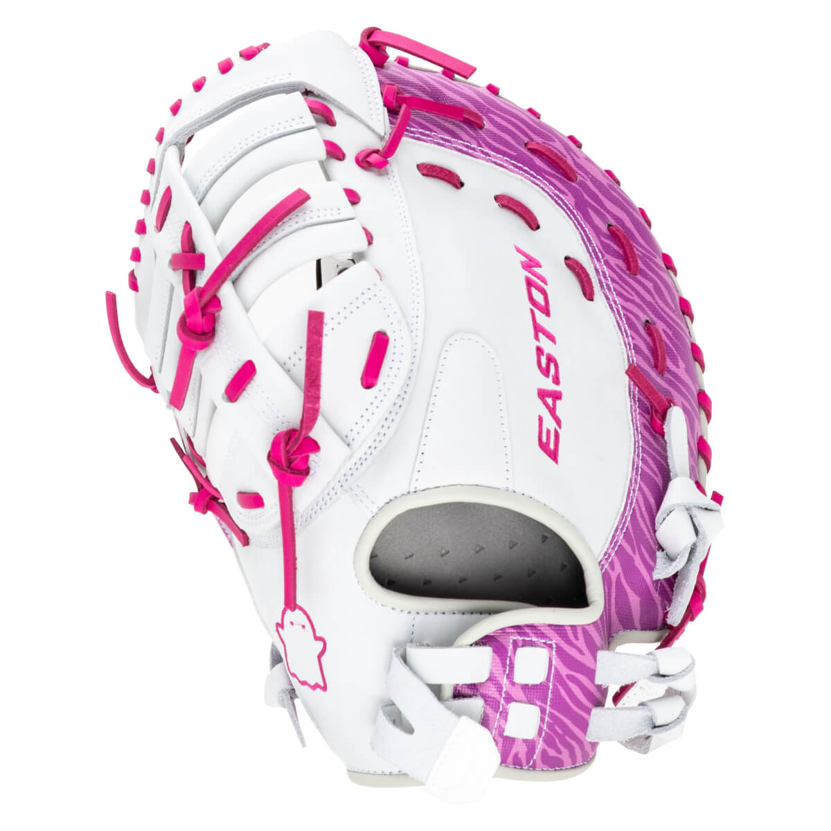 Angled view of a white and pink softball glove with "EASTON" in pink lettering and a zebra stripe pattern.
