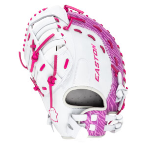 Angled view of a white and pink softball glove with "EASTON" in pink lettering and a zebra stripe pattern.