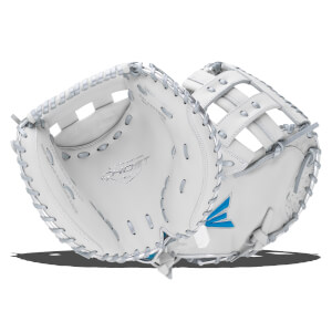 Top-down view of a white catcher's mitt with silver lacing and blue Easton logo.