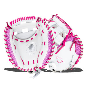 Top-down view of a white softball glove with pink lacing and a pink zebra-striped lining, featuring a ghost logo.