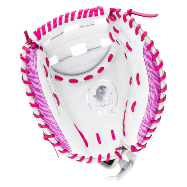 Top-down view of a white baseball glove with bright pink lacing and a pink zebra pattern accent.