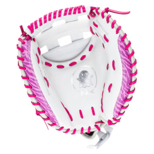 Top-down view of a white baseball glove with bright pink lacing and a pink zebra pattern accent.