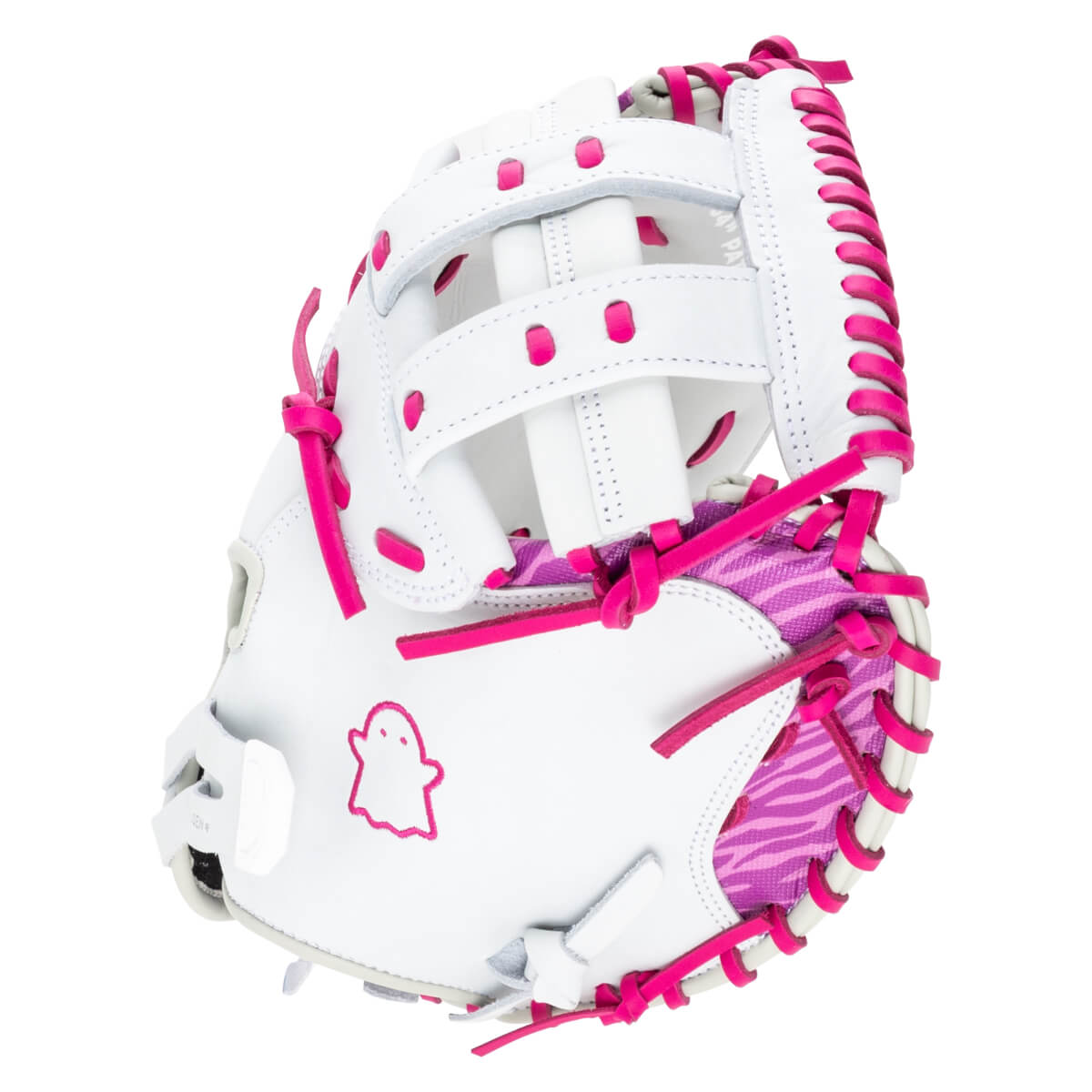Side view of a white baseball glove with pink lacing, a ghost logo, and a striped interior.