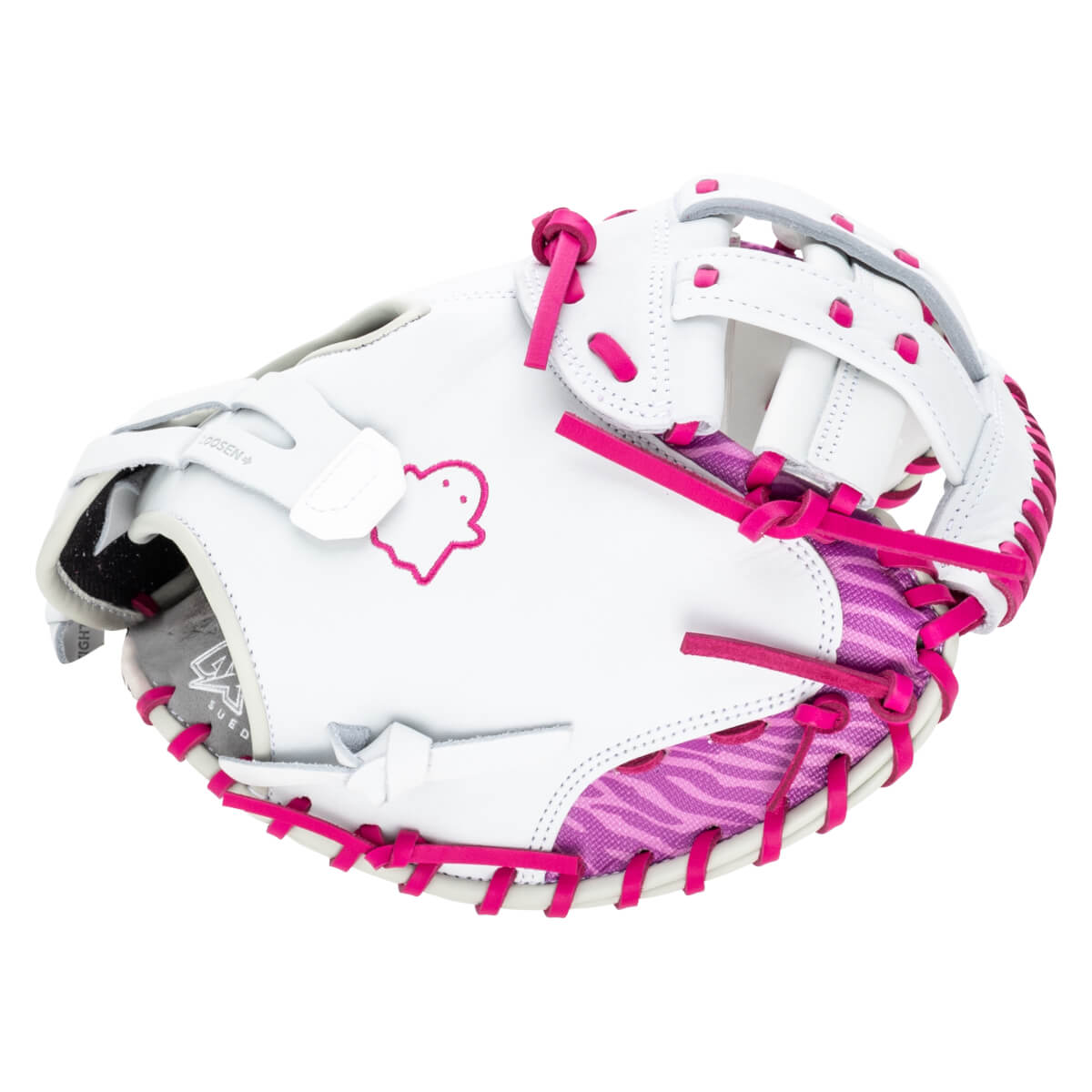 Top-down view of a white baseball glove with pink lacing, a pink ghost logo, and a purple zebra-striped interior.