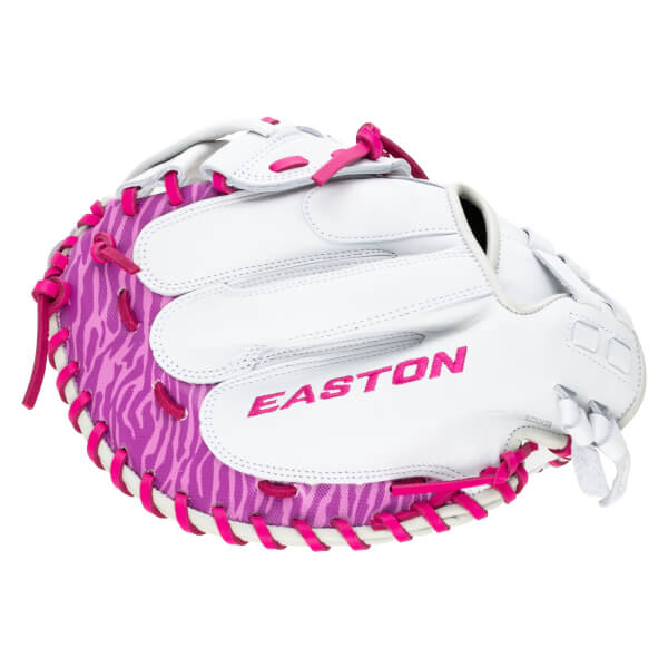 Side view of a white Easton softball glove with pink zebra print accents and bright pink lacing.