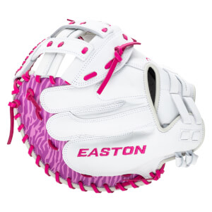 Side view of a white Easton softball glove with pink zebra-patterned webbing and pink lacing.