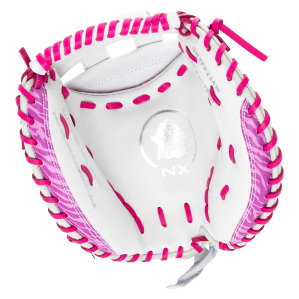Inside view of a white baseball glove with bright pink lacing and a pink zebra-patterned accent.