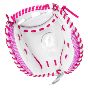 Inside view of a white baseball glove with bright pink lacing and a pink zebra-patterned accent.