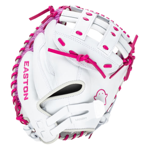 Front view of a white Easton glove with pink lacing and a pink ghost logo.