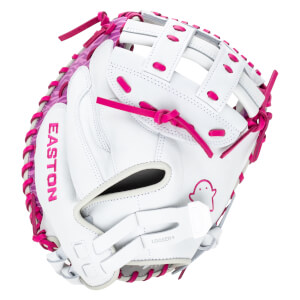 Front view of a white Easton glove with pink lacing and a pink ghost logo.