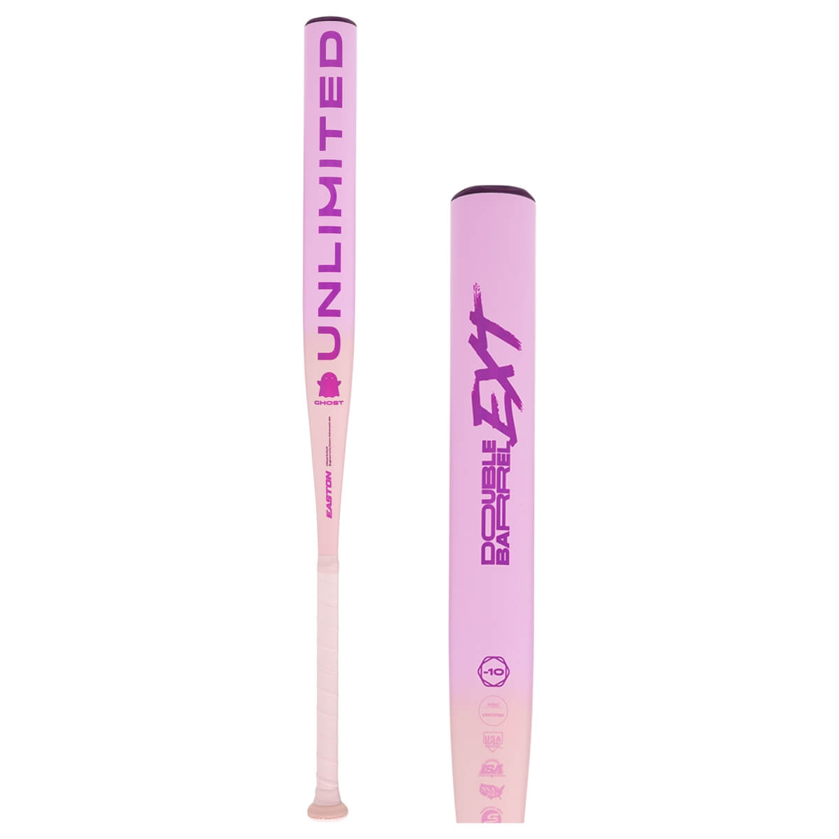 Side view of a pink gradient fastpitch softball bat with UNLIMITED on the handle and DOUBLE BARREL EXT text.