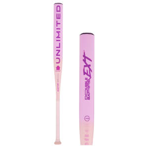 Side view of a pink gradient fastpitch softball bat with UNLIMITED on the handle and DOUBLE BARREL EXT text.