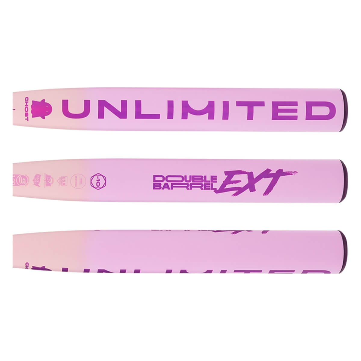 Side views of a pale purple fastpitch bat barrel with GHOST UNLIMITED, DOUBLE BARREL EXT, and certification stamps.